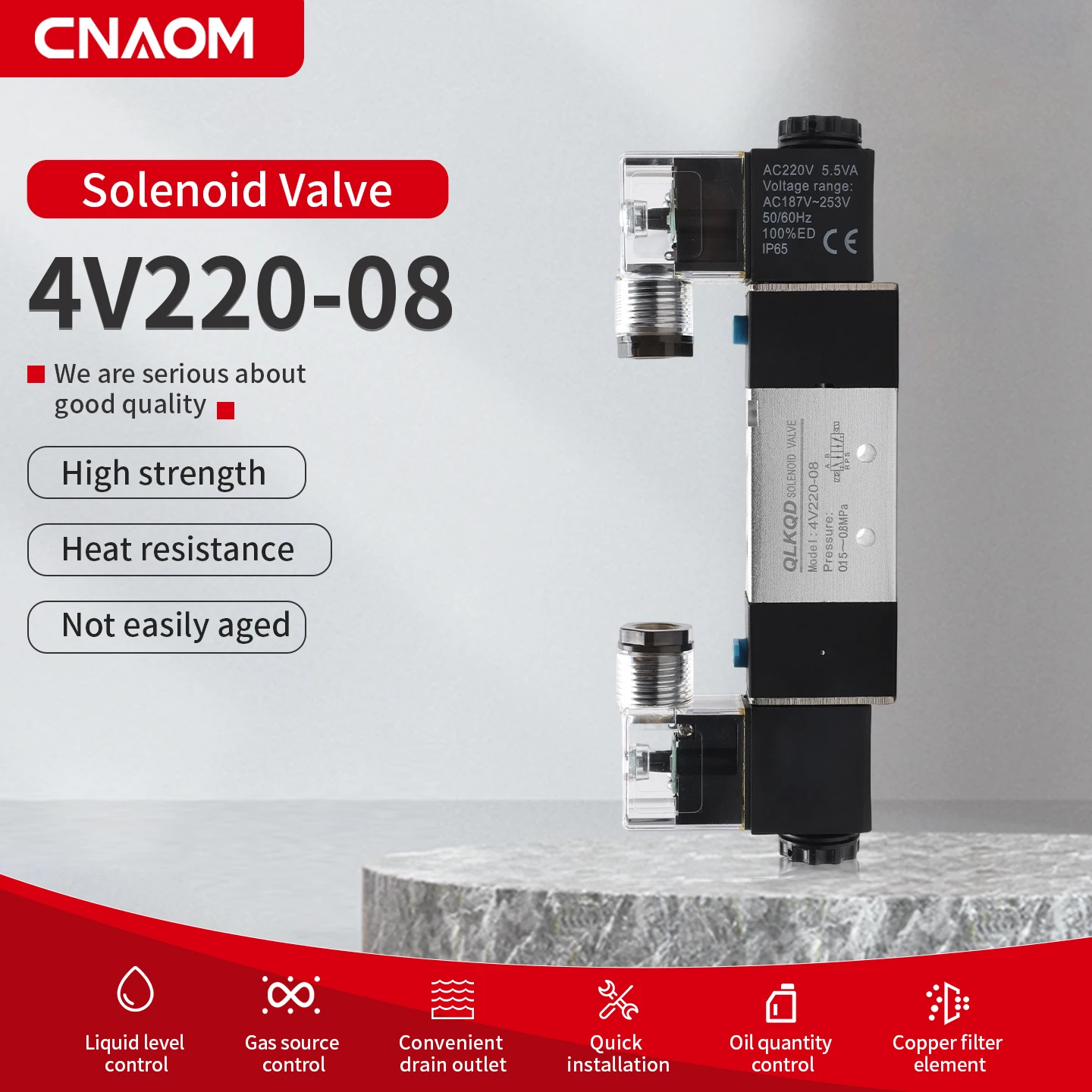 High Quality Solenoid Valve 220V Pneumatic 4V220-08 Air 5 way 2 Position 1/4&quot Coil Alloy Internal DC 12V DC 24V AC110V