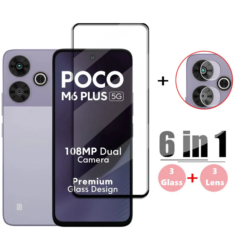 

6in1 Glass For Poco M6 Plus Full Cover Tempered Glass Poco M6 Plus Screen Protector HD Protective Phone Lens Film Poco M6 Plus