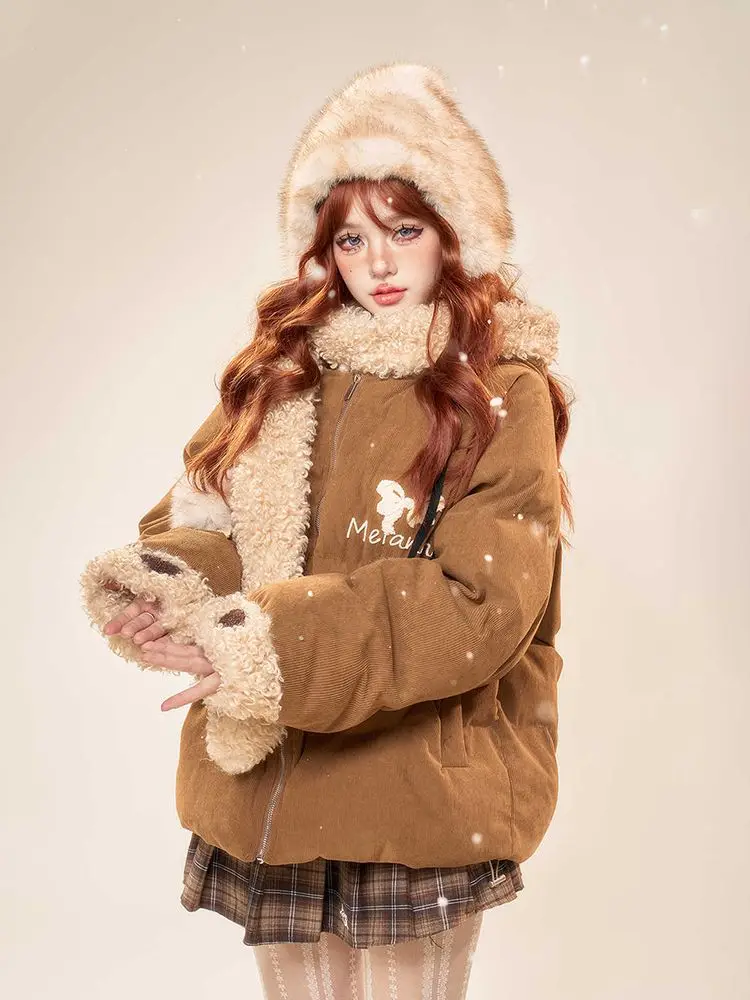 

Korea Autumn Winter New Wear Warm Lamb Wool Coats Patchwork Hooded Jackets Chic Parkas Female