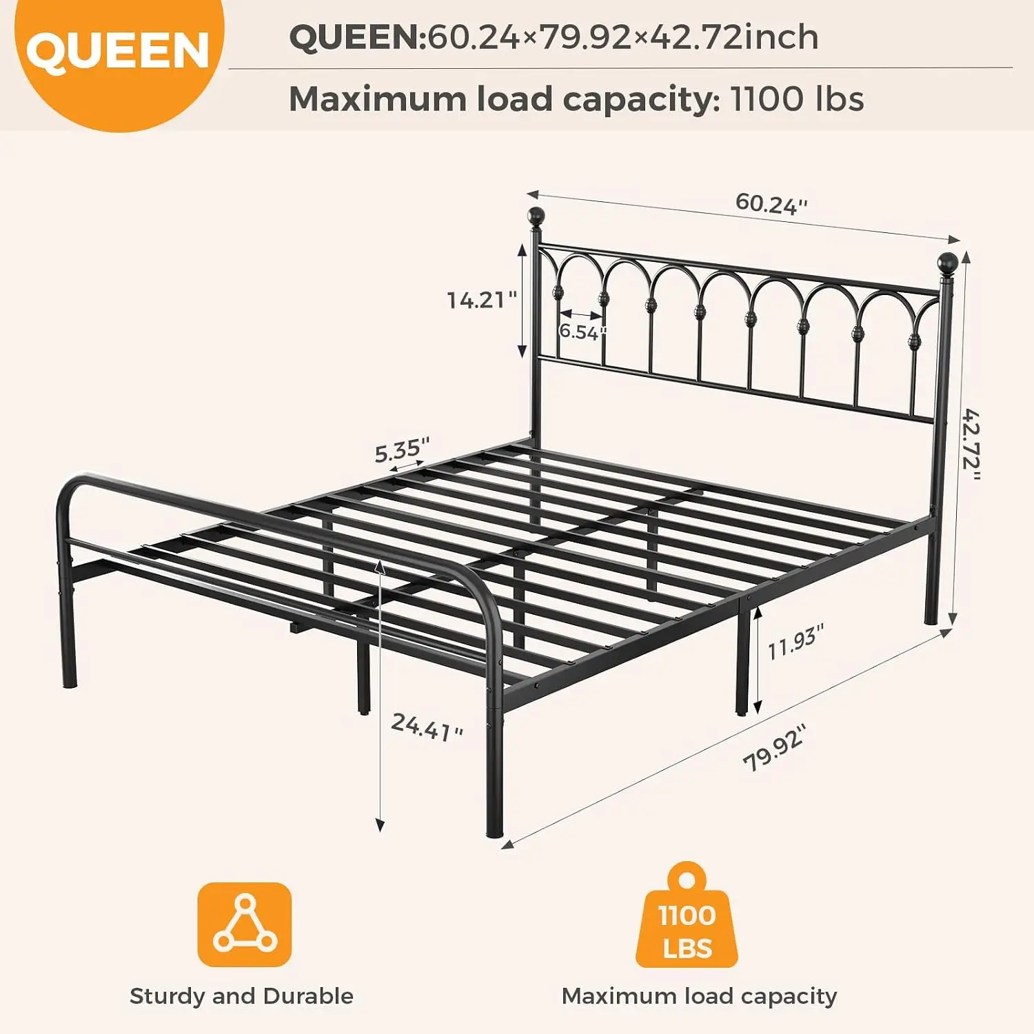 Metal Queen Bed Frame with Headboard, Black Iron Platform Bed Frame, Victorian Style, Stable Steel Slat Support, Customized