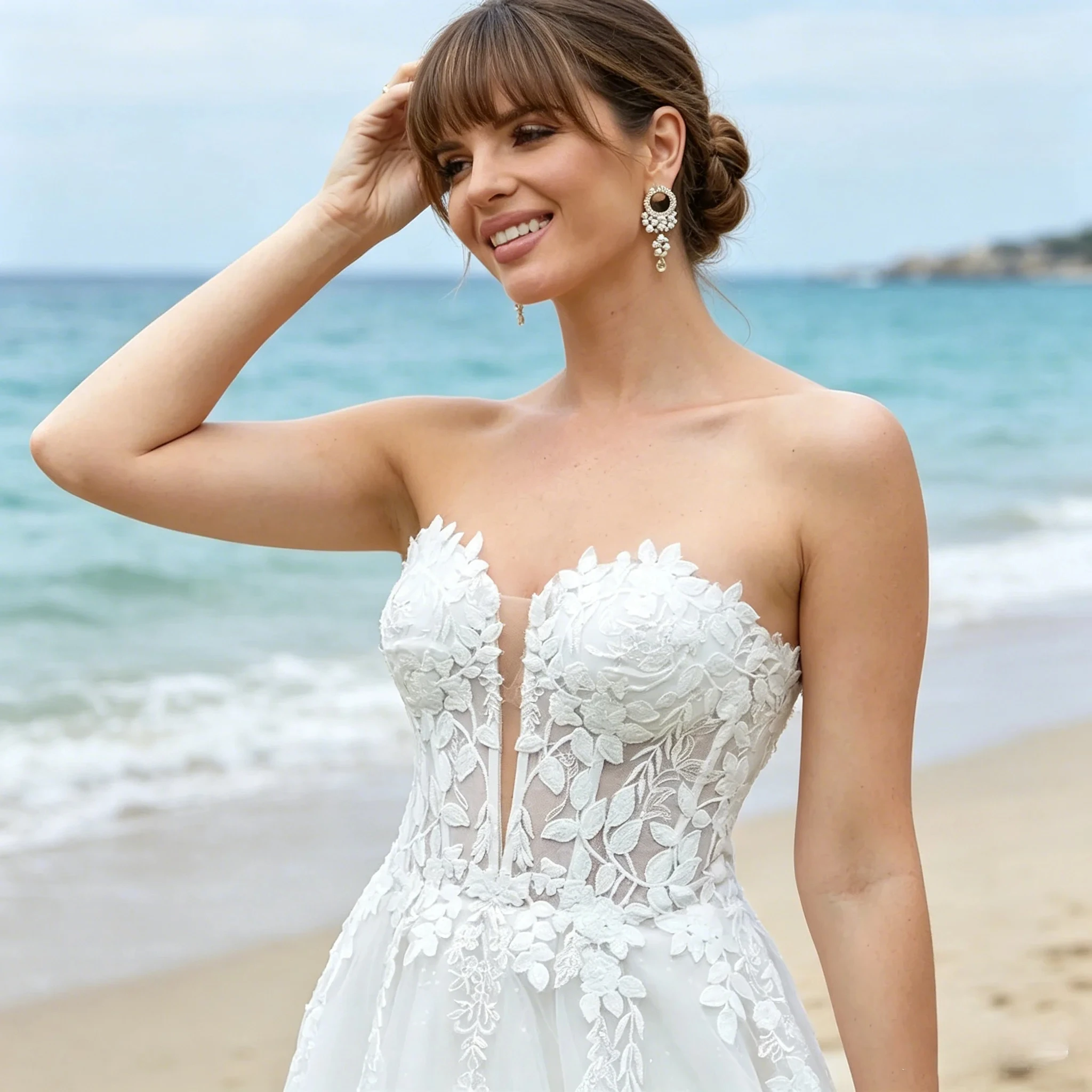 Customized Strapless V Neck 3D Flower Lace Applique A Line Wedding Dress Sweep Train Floor Length Tulle Fabric Bridal Gown