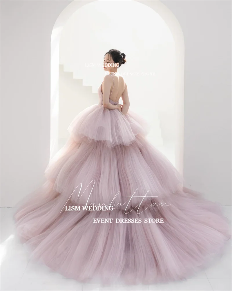 LISM 2024 Gorgeous Dusty Pink Tulle Wedding Dresses Korea Photoshoot V Neck Layered Tiered Bridal Gowns Evening Party Dress