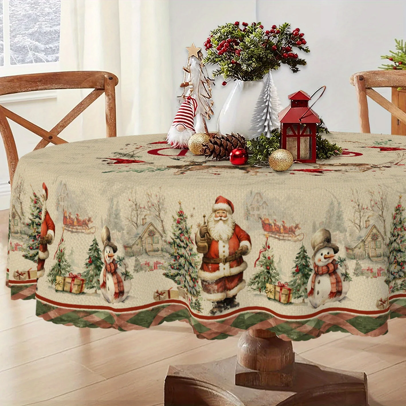 1 vintage Christmas tablecloth, Santa snowman Christmas tree tablecloth