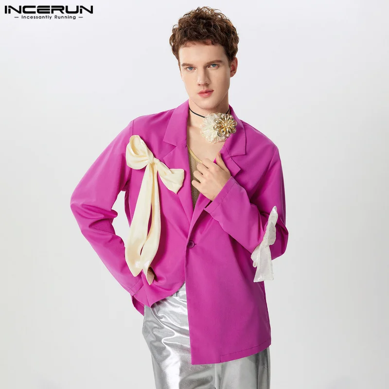 INCERUN Tops 2024 American Style New Men's Bow Contrast Color Suit Coats Casual Streetwear Male Solid Long Sleeved Blazer S-5XL