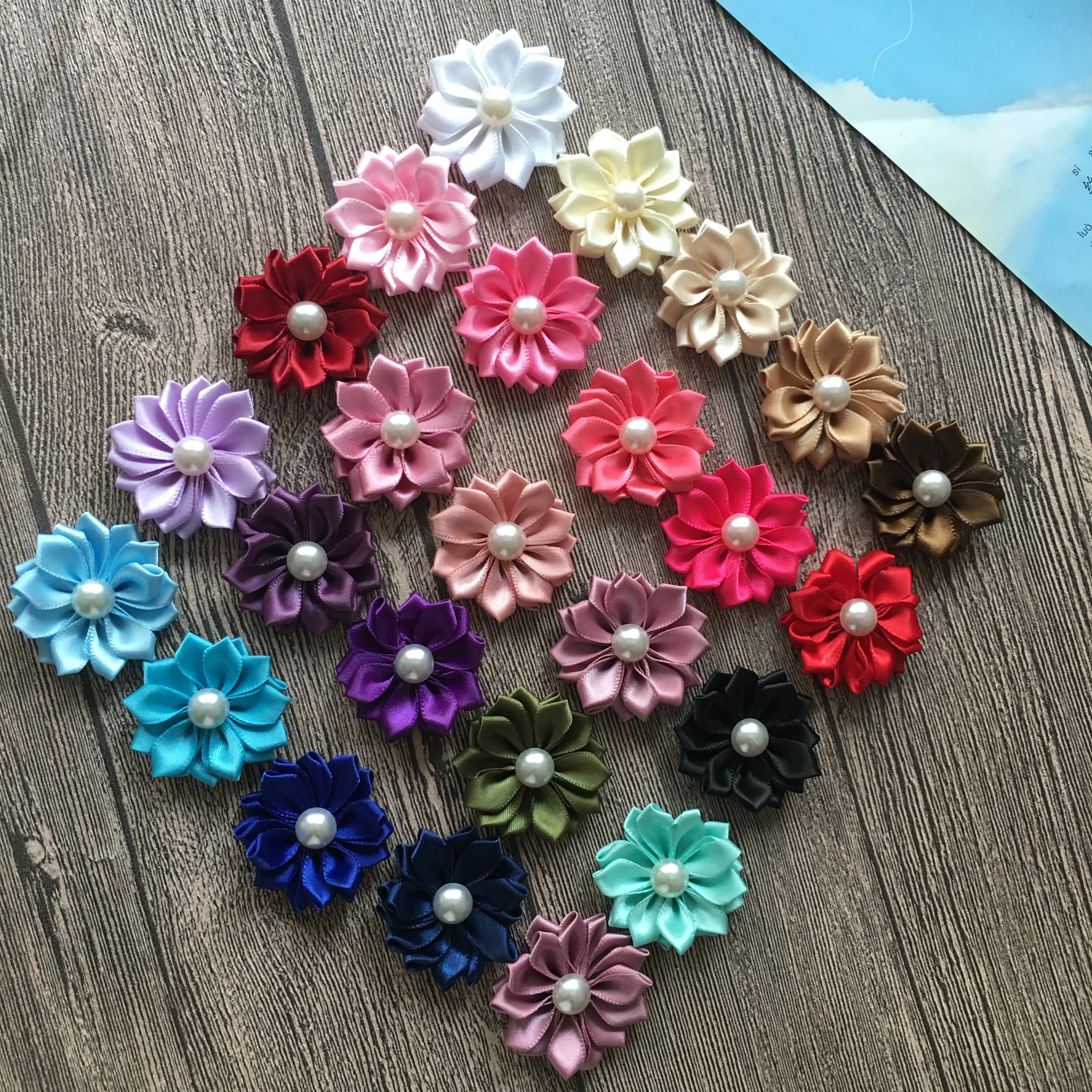 New 10pcs Classical 4.0cm Solid Satin Flower With Pearl Center DIY Baby Children Accessories Home Decoration