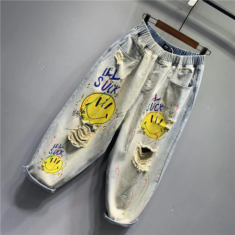 Fashion Printed Ripped Distressed Jeans for Women Summer Steetwear High-waisted Casual Denim Straight-leg Versatile Harem Pants