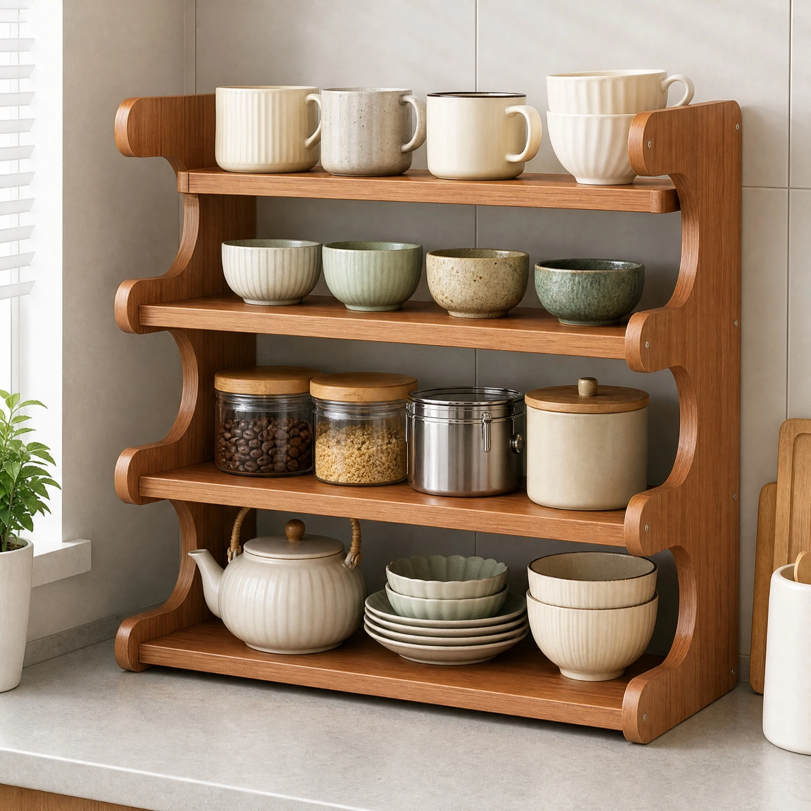 Tabletop Shelf Unit Space-Saving Open-Shelf Tabletop Organizer Wood-Look Desktop Storage Rack Movable for Kitchen, Office