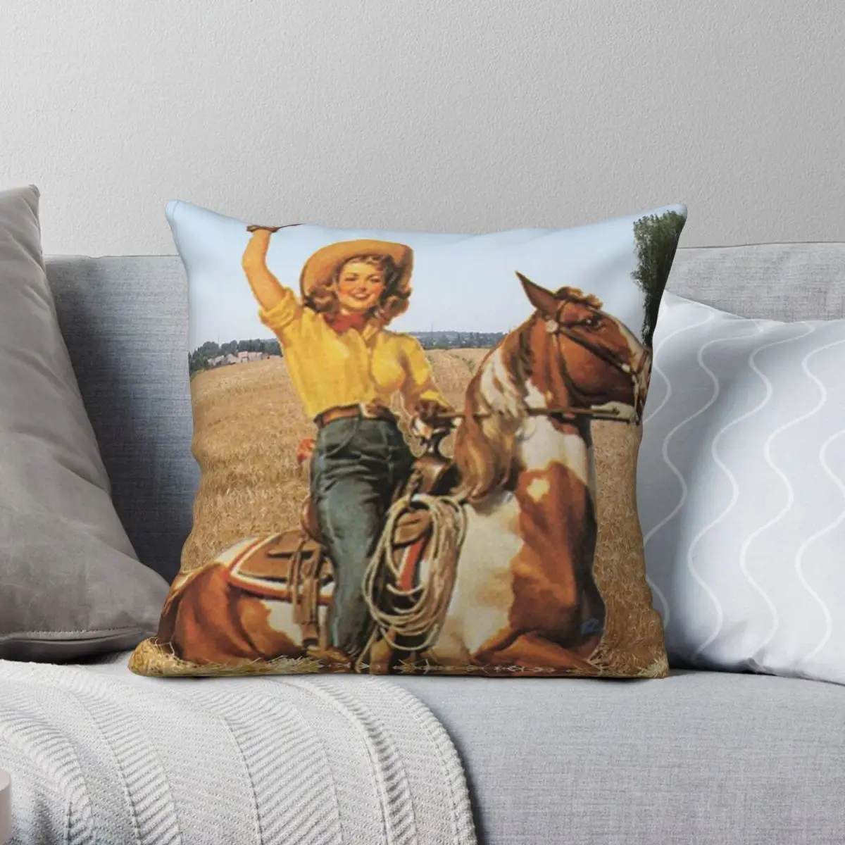 Western Cowgirl On Horse In Hay Field Pillowcase Polyester Linen Velvet Pattern Zip Decor Home Cushion Cover