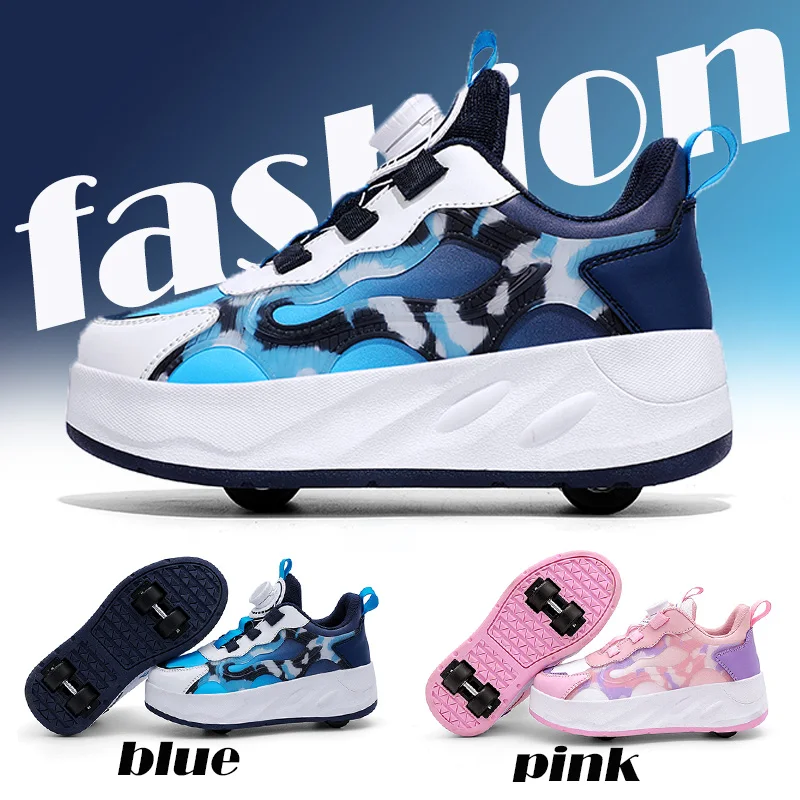 Children's Fashion 4 Wheels Skates Up Dual-Use Roller Shoes Outdoor Skating Sport Beginner Double Row Casual Shoes