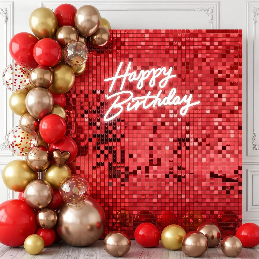 12/24/36/49pcs Red Shimmer Backdrop Decoration Glitter Bright Red Square Sequins Backdrop Wall Panels for Birthday Christmas Wedding Photo Backdrop Decor