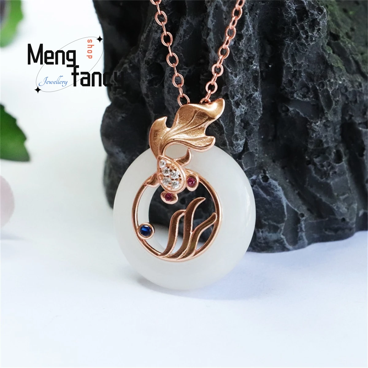 Natural S925 Silver Inlaid and Tian Baiyu Safety Ring Koi Necklace Simple Generous Personality Fashion Women Luxury Fine Jewelry