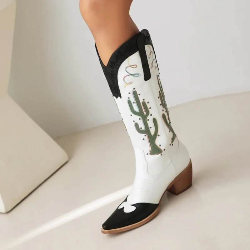 Autumn and Winter fashion High heels Women\'s boots Mixed Colors Embroidery Street Style Square heel Chelsea Boots high 6cm