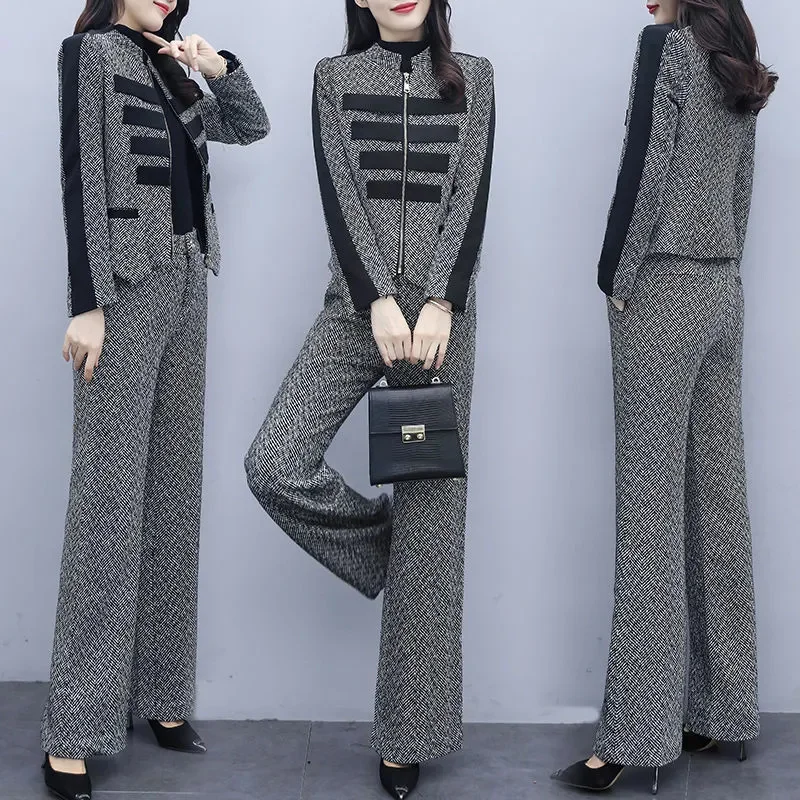 2025 Autumn New Suit For Women Set Western Short Coat Wide Leg Pants Two Piece Set Women's Woolen Set Korean Fashion Woolen 2PCS