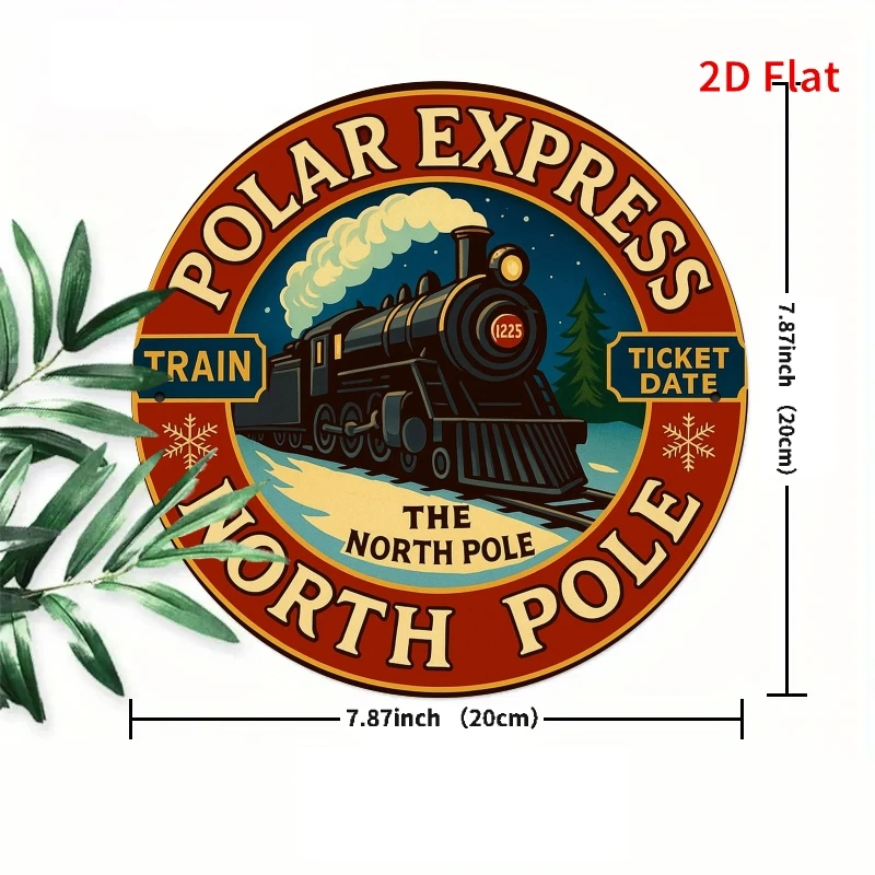 2D Flat, Vintage North Pole Express Train Round Metal Sign - 8x8 Inch Rustic Railroad Wall Decor Suitable for Porch, Bedroom, Fa