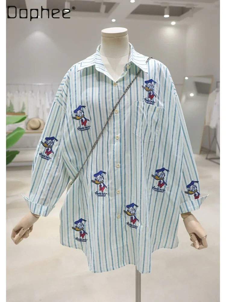 

Stripes Long-Sleeved Shirt for Women 2024 Early Autumn New Loose Mid-Length Exquisite Cartoon Embroidered Single-Breasted Top