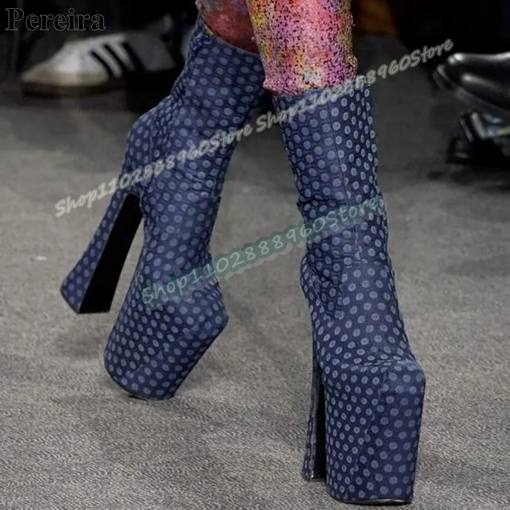 미드 카프 다크 블루 프린팅 플랫폼 부츠 독특한 스타일 힐 슈즈 여성용 사이드 지퍼 라운드 토우 캣워크 스타일리시 여성 부츠