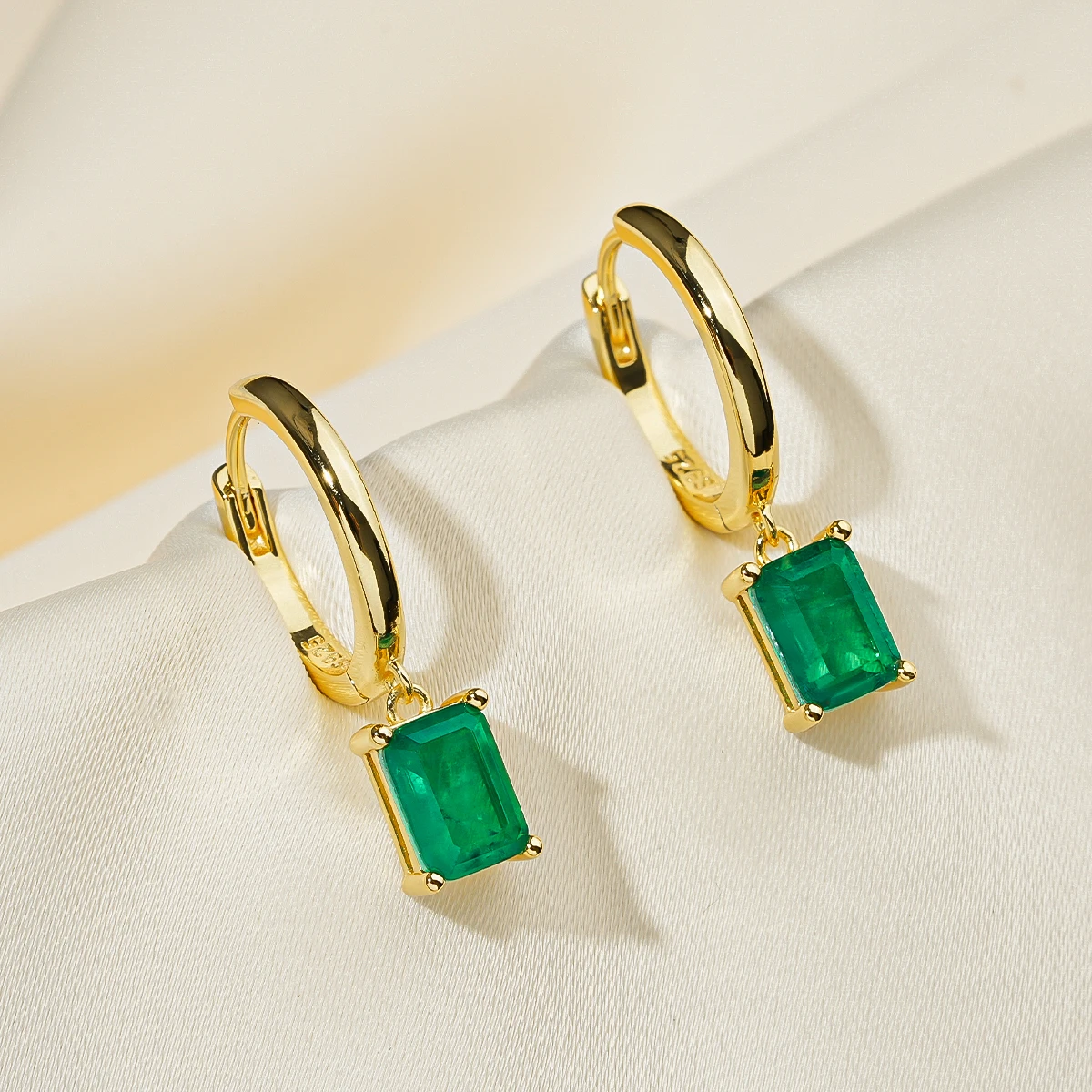 IOGOU 14K Gold Plated 925 Silver 7x5mm Emerald Gemstone Drop Earrings for Women Green Pendant Hoops Jewelry Mother's Day Gift