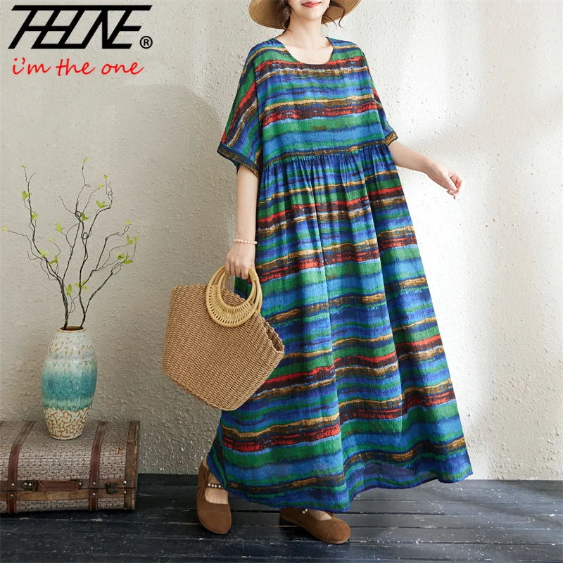 THHONE Robe Summer Dresses for Women Vestidos Loose Vintage Bohemian Striped O Neck Short Sleeve Cotton Linen Casual Clothes 2