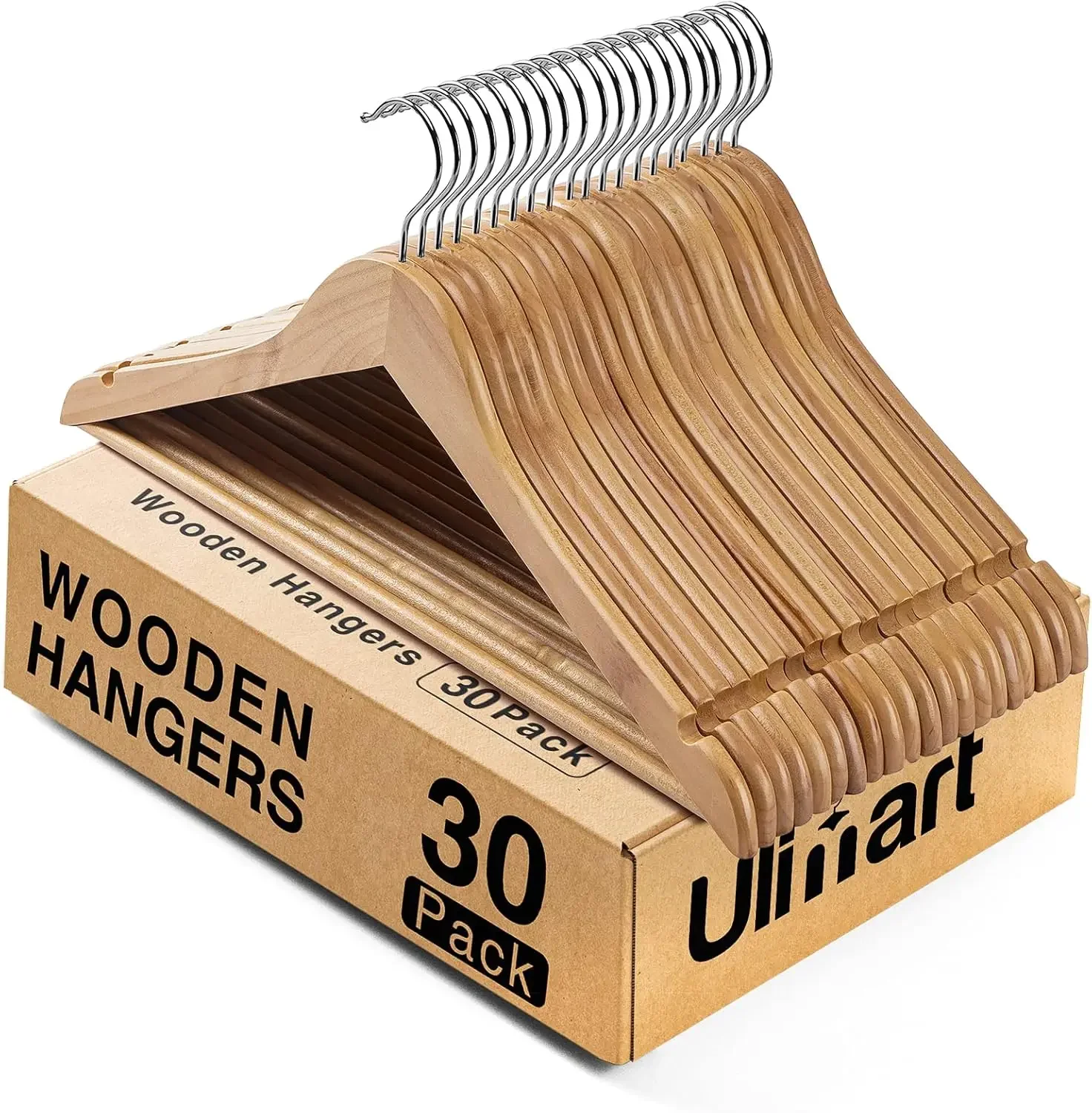 

Wooden Hangers 30 Pack Wood hangersSolid Wood Clothes Hangerswith Bar Coat Hangersfor Closet（Natural）