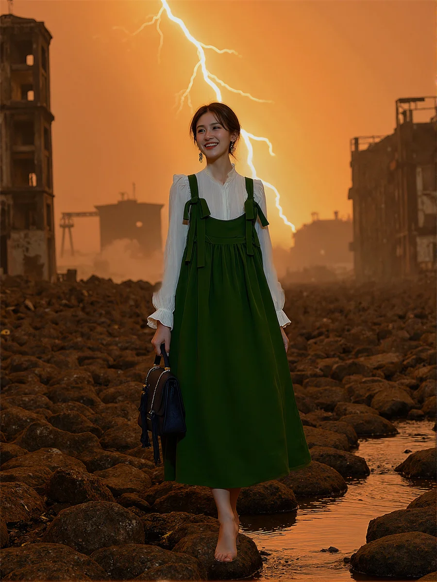 เดรสสีเขียวสำหรับผู้หญิง ความยาวระดับกลางน่อง สายเดี่ยว ยืดหยุ่น ช่วงเอวสม็อค ยืดได้ สวมใส่สบาย ยืดหยุ่น ใส่สบายๆ ง่ายๆ