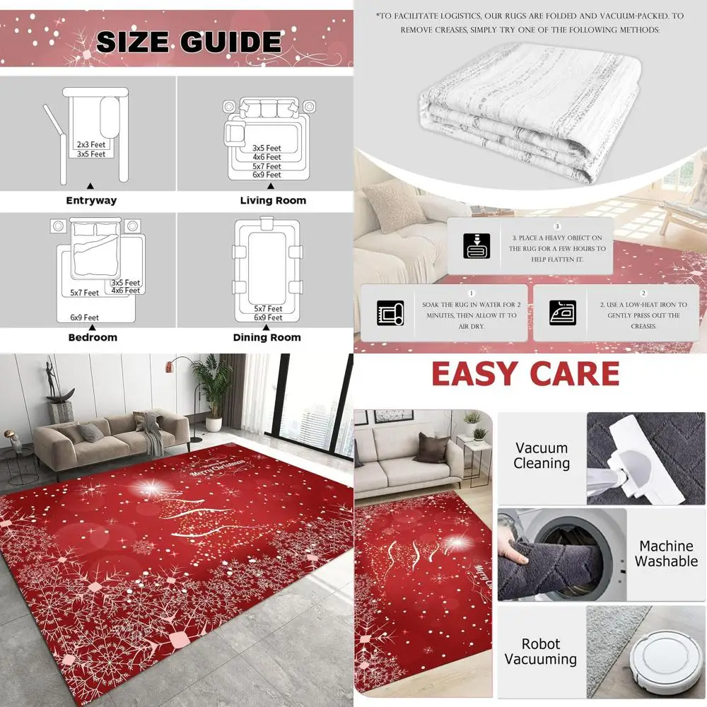 

Holiday 5x7 Red Pine Tree Snowflake Rug: Washable Christmas Decor for Home, Office, and More