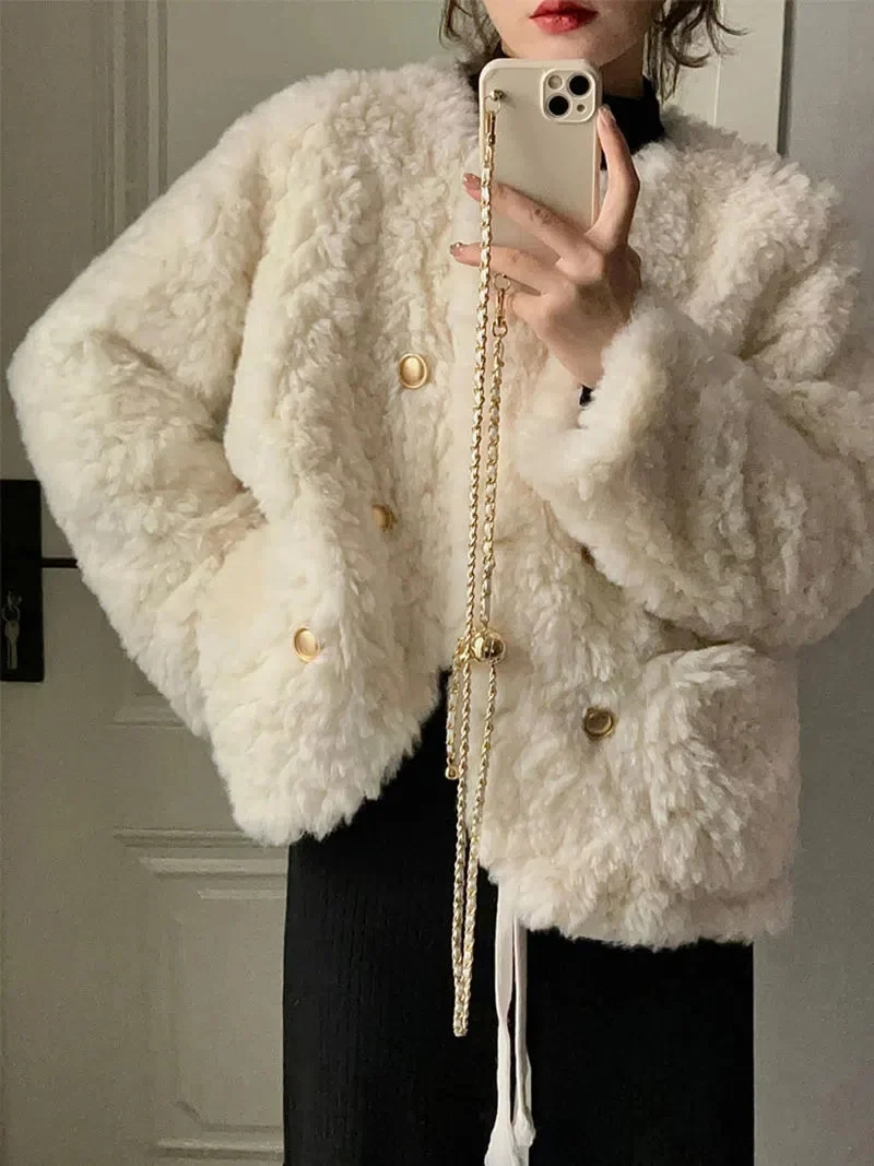 2023 Lamb Wool coat women's 2022 Winter New Style Loose Thickened White Wool Top Cotton Coat Autumn Jacket Faux Fur Jacket Lady