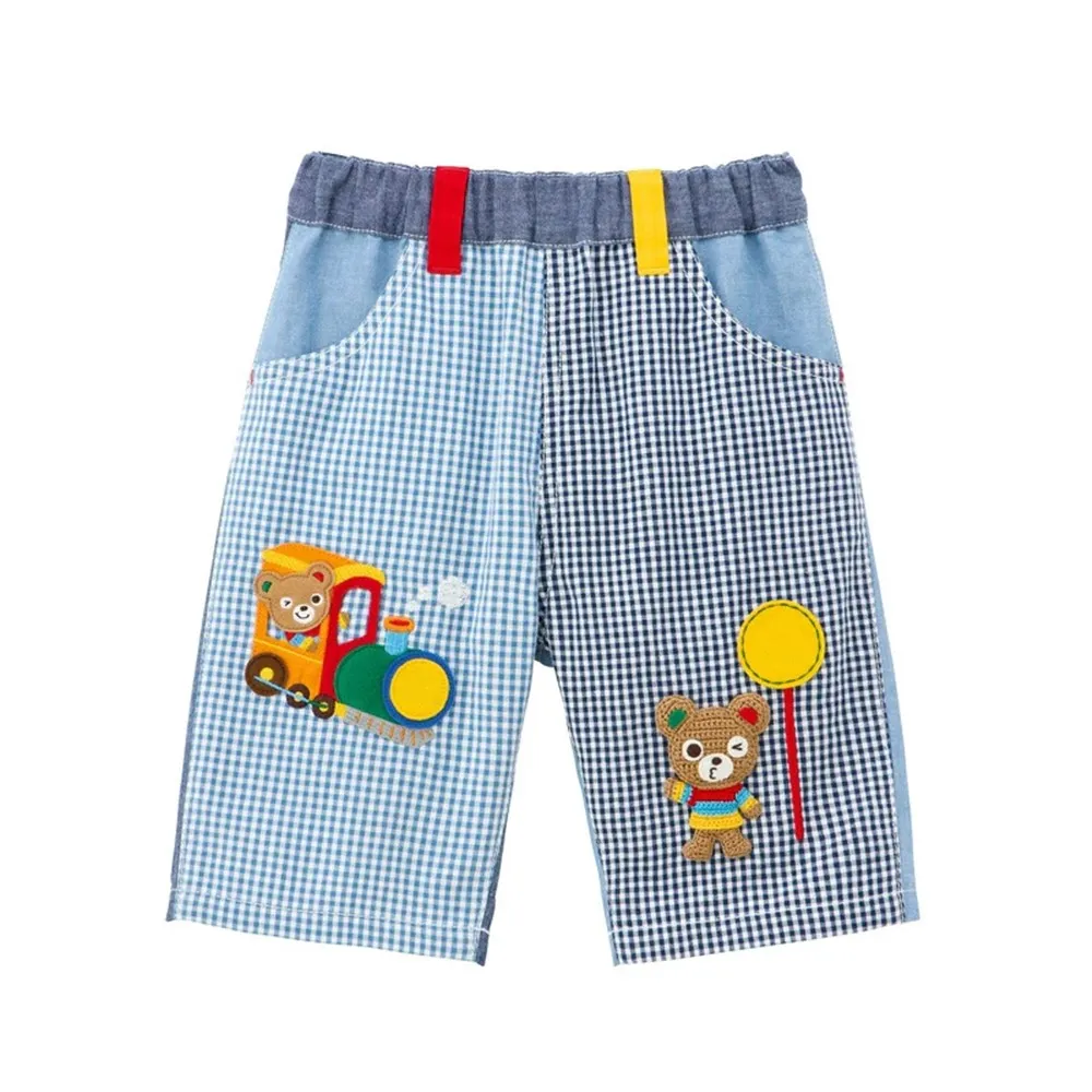 

spring summer kids pants Cartoon blue checkered pattern children's color blocked pants baby Cute shorts