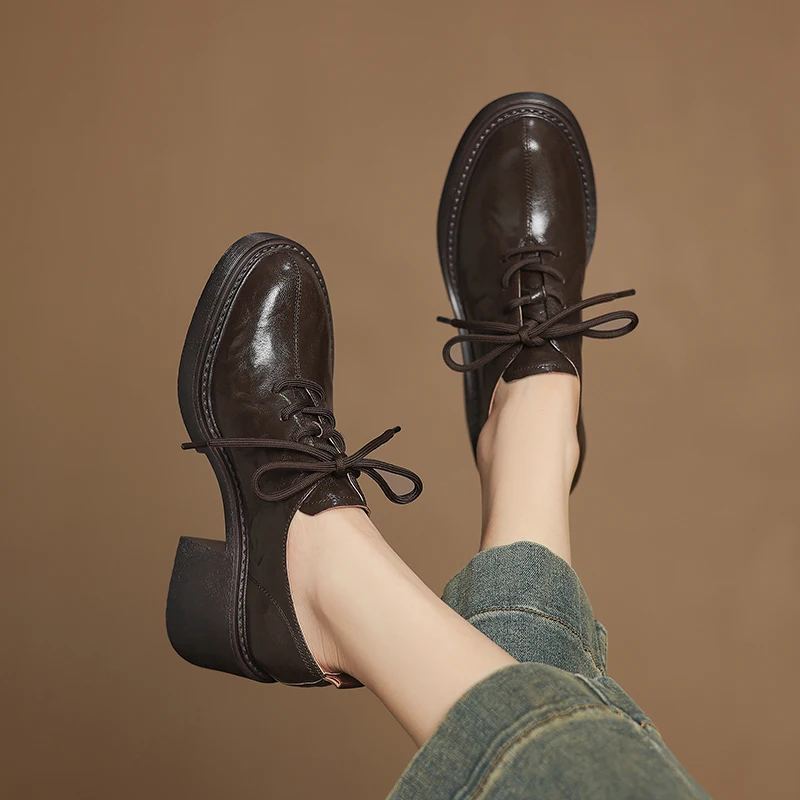 

Genuine Leather Loafers Lace Up Platform Chunky Heel Vintage Versatile Classic Stylish Shoes
