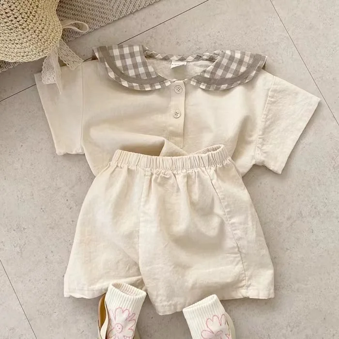 2025 Summer New Baby Navy Collar Plaid Clothes Set Children Short Sleeve Tops + Shorts 2pcs Suit For Boys Girls Infant Outfits