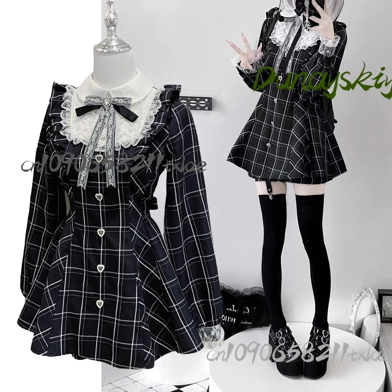 

Jirai Kei Dress Japanese Black Gothic Women Cosplay Costumes Japanese Punk Cool Dark Plaid Lolita Dress Party Halloween Cosplay