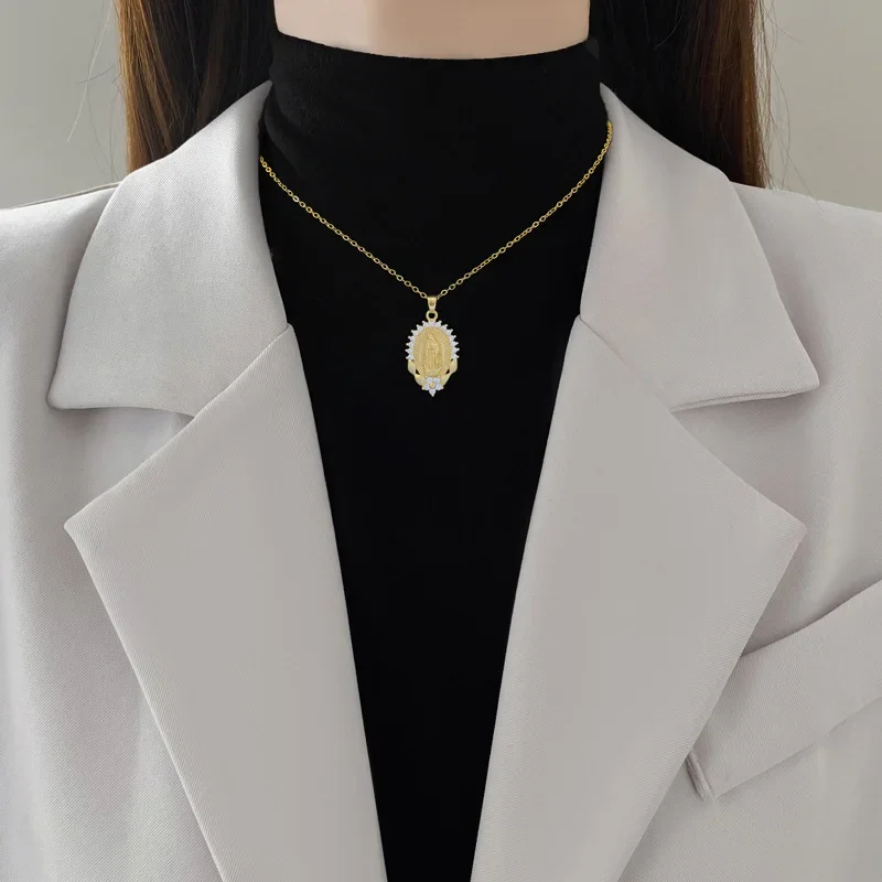 Stainless Steel Chain Religious Virgin Mary Zircon Flower Pendant Necklaces for Women Men Accessories Jewelry Gifts