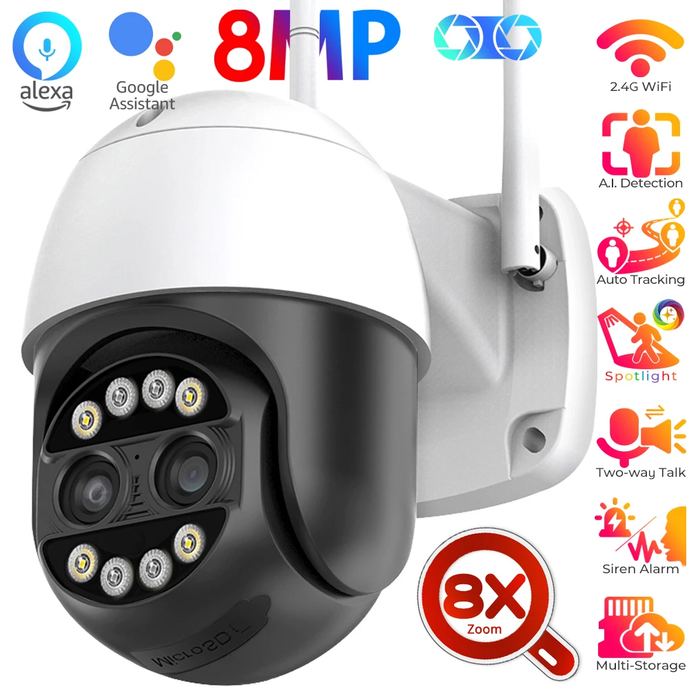 

8MP 4K IP Camera External WiFi Security CCTV Camera Dual-Lens Color Night Vision 8X Zoom Surveillance Camera Works with Alexa