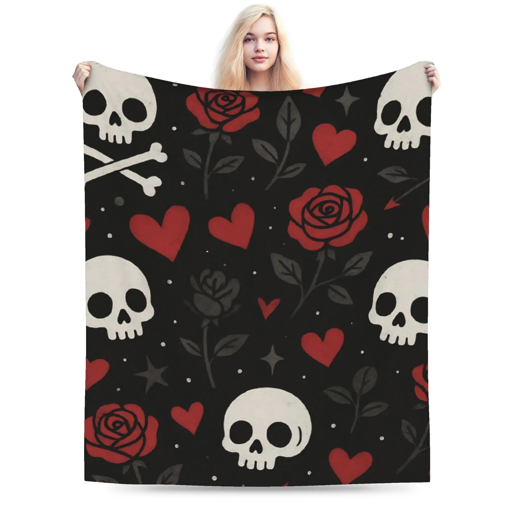 Halloween Skulls And Flowers Gothic Goth Blanket Multi-size Soft Fuzzy Plush  Throw Blankets for Couch Sofa and Bed