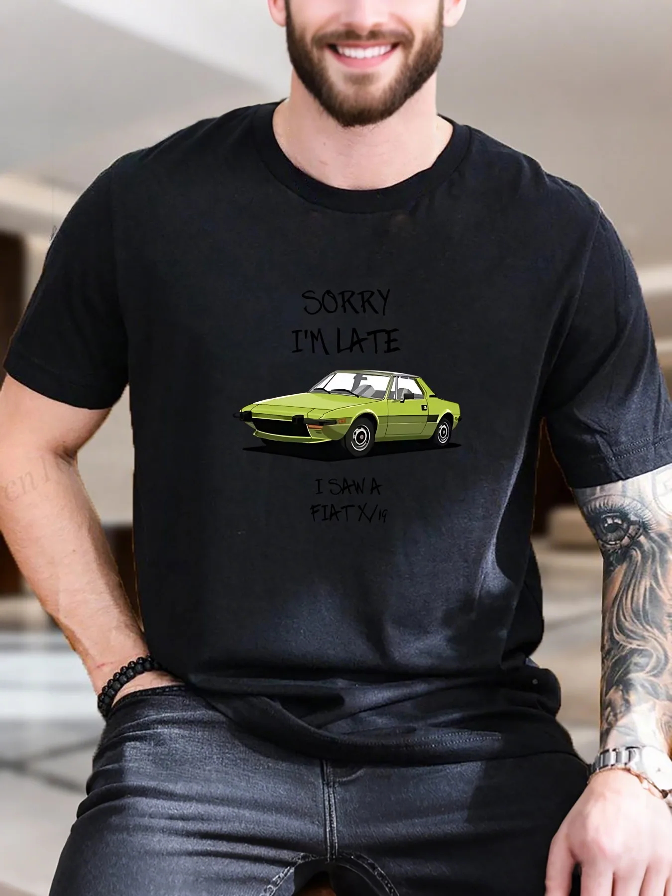 Men's Printed Short Sleeve T-Shirt - 100% Cotton Comfortable Trendy Top with Green Car Black & White Roof Design, Casual Versatile
