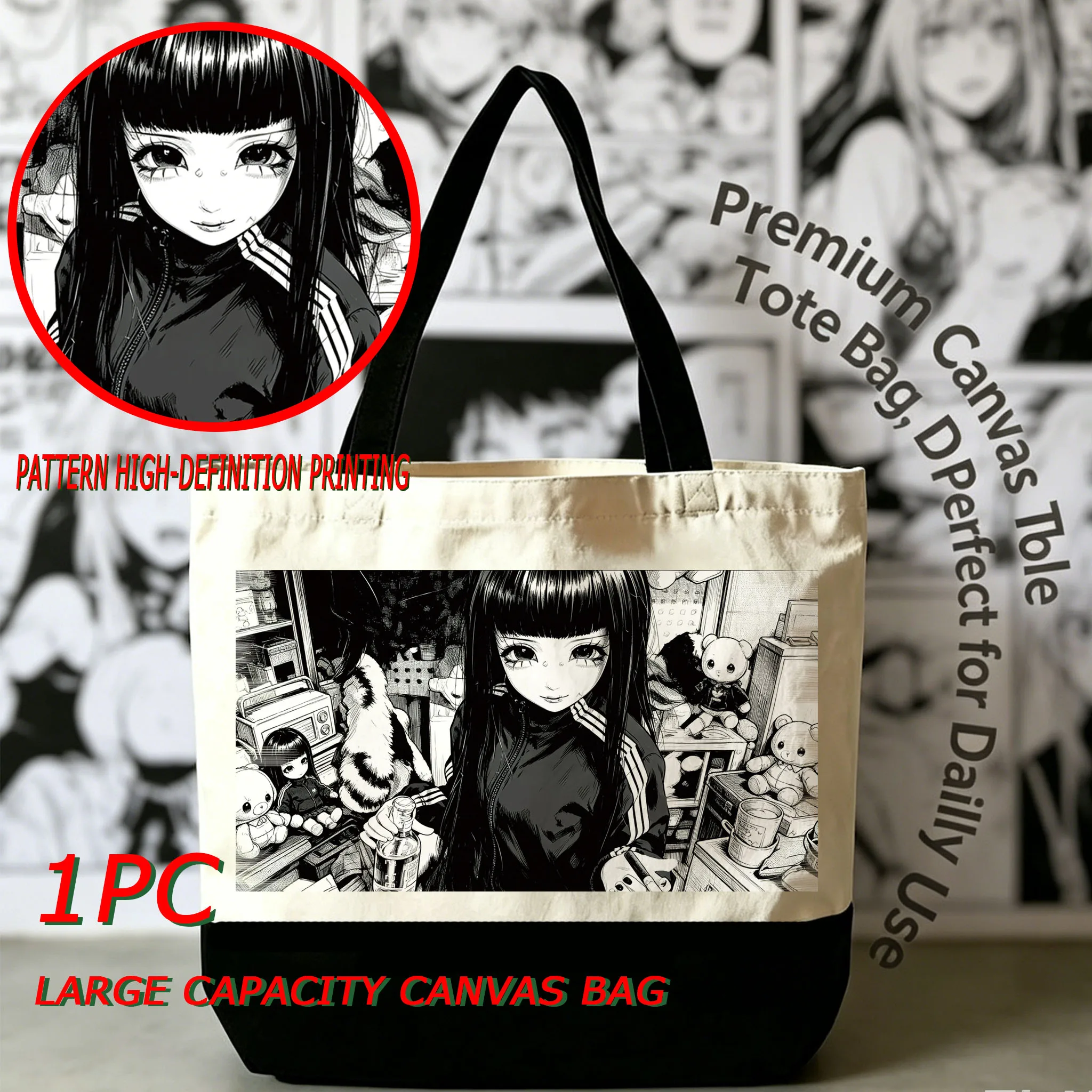 

1PC Canvas Bag with Subculture Pattern Large Capacity Single Shoulder Bag for Unisex