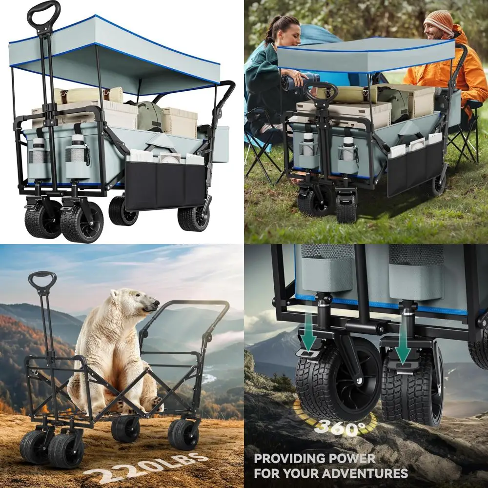 

Heavy-Duty Outdoor Folding Wagon Cart with Removable Canopy, Adjustable Handles, and Flexible Swivel for Large Capacity and Vers