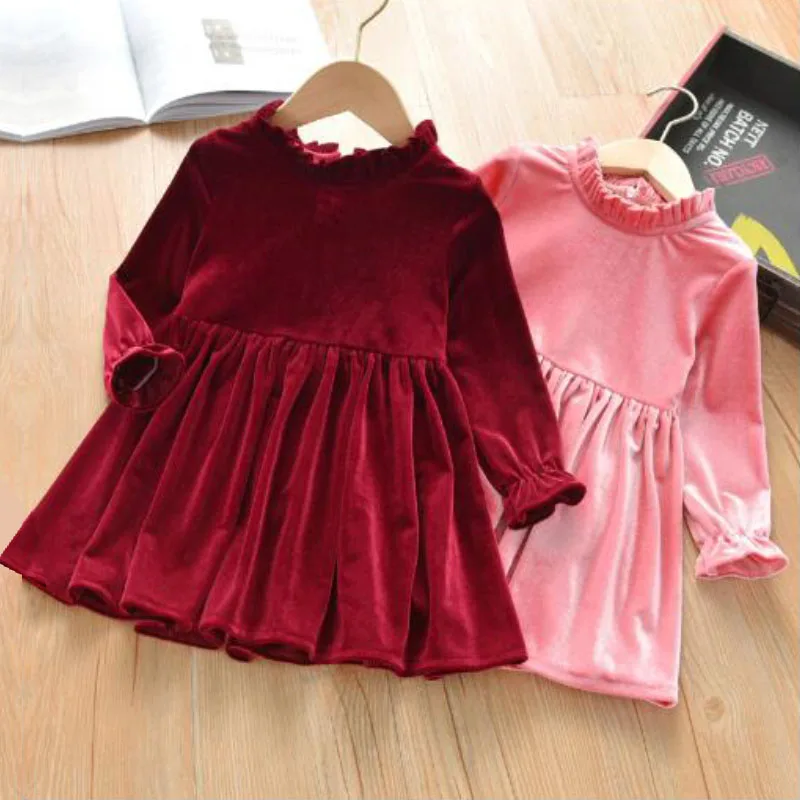 Dress young girls 2-9year old gold velvet spring and autumn Frock  thickened 2022 fashion new Korean version children\'s clothing