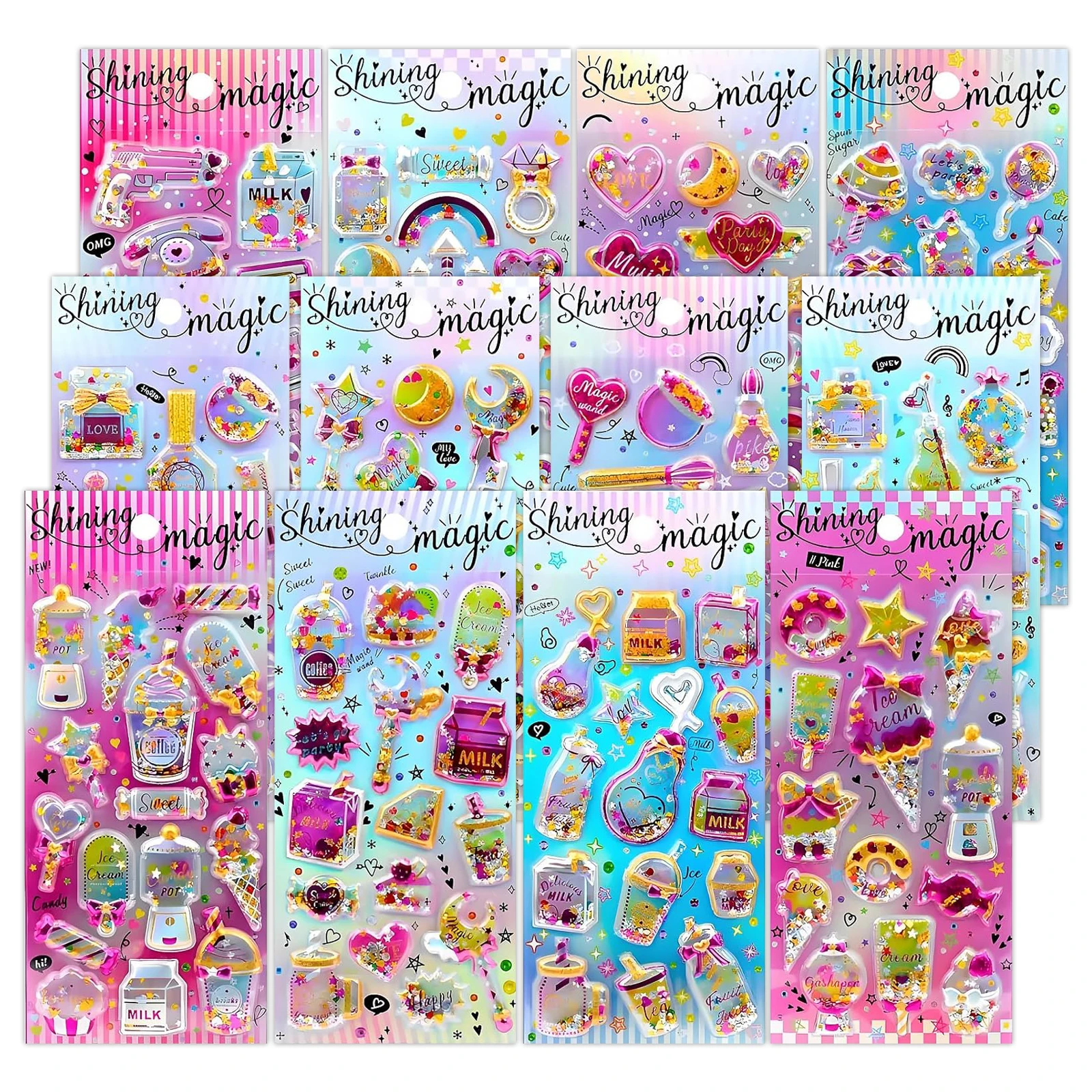 ملصقات ثلاثية الأبعاد منتفخة لامعة من رقائق الذهب ملصقات قابلة لإعادة الاستخدام مع خرز هزاز للفتيات والأولاد والمراهقين شارات فريدة من نوعها سباركلي