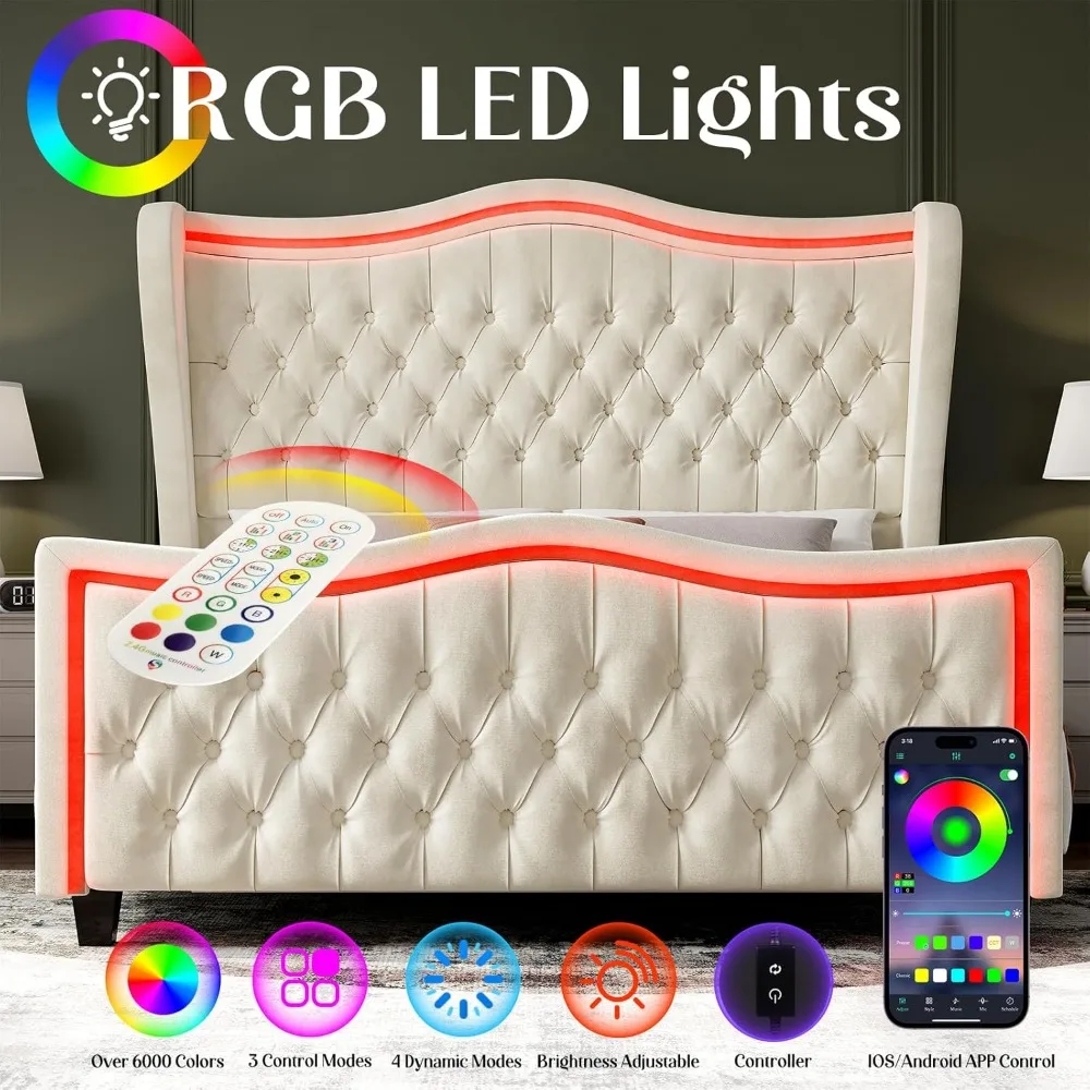 Bed Frame with LED Lights, Bed with Deep Button Tufted Headboard, Queen Size Bed Frame