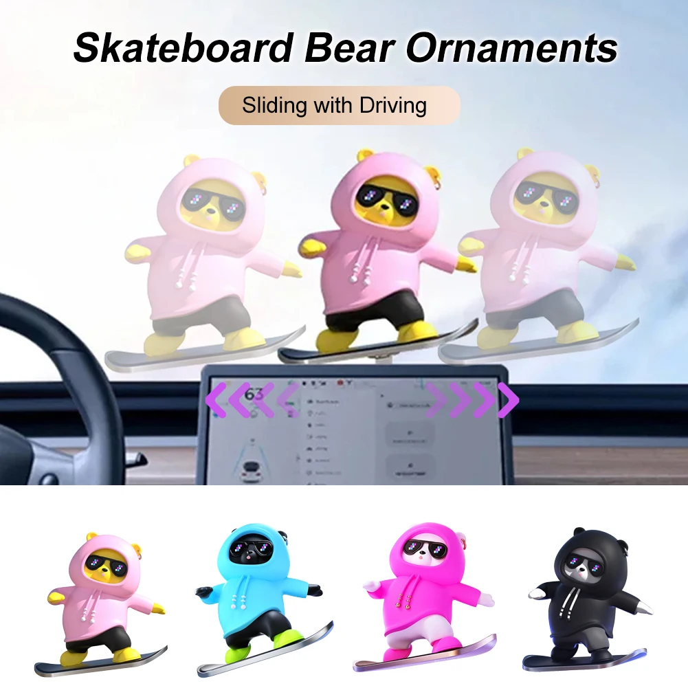 Cute Bear Decoration Interior For Tesla Model 3 Y Sliding Skateboard Bear Car Dashboard Ornaments Movable Accessories for Women