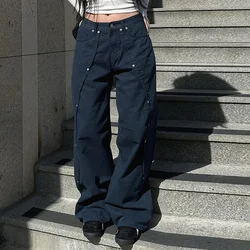 Jeans Baggy Retalhos para mulheres, calças grunge cargo, moletom chique com detalhes de rebite, rua alta, moda casual Y2K, moda coreana dos anos 90