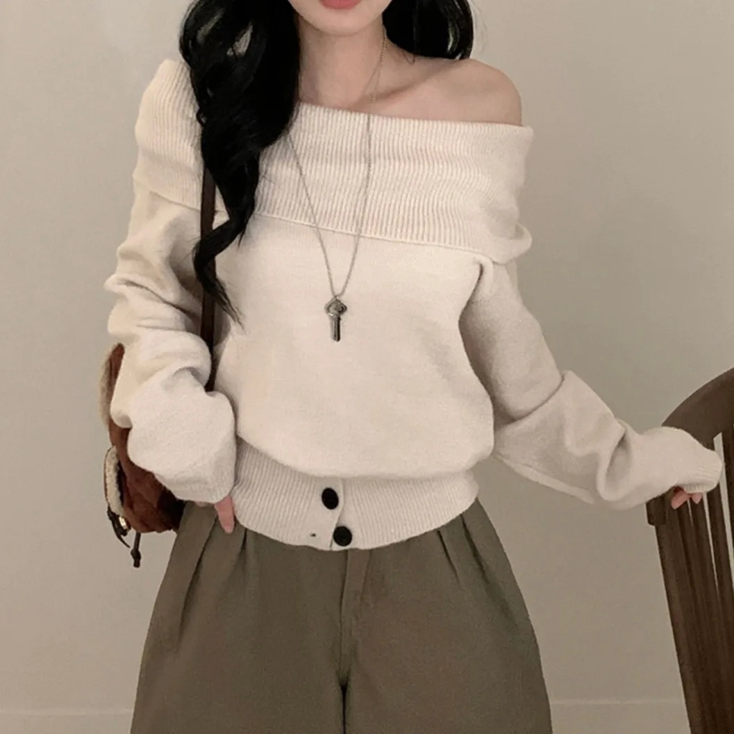 

Chic Knitted Sweater Women's Comfortable Soft One-oulder Design Long Sve Crew Ne Pullover Faionable Casual Top