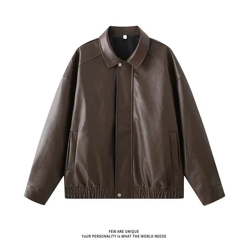 LIBIELIY Leather Jackets For Men,PU Bomber Jacket Men Motorcycle Lapel Zip-Up Loose Biker Coat