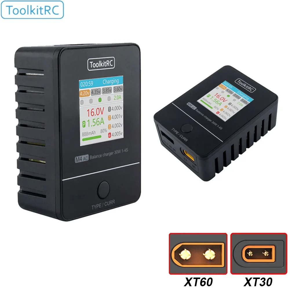 

ToolkitRC M4AC 30 Вт LiPO LiFE LiHV Компактное зарядное устройство переменного тока 1-4S XT30/ XT60 интерфейс для радиоуправляемой модели FPV гонки Фристайл Дрон батареи
