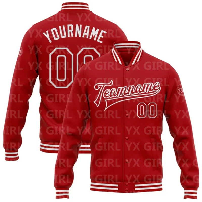 

Custom Red White Bomber Full-Snap Varsity Letterman Jacket 3D Printed Baseball Button Jacket