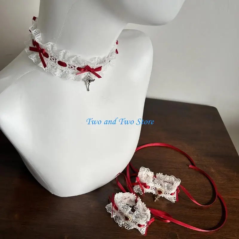

HX6F Lace Collar with Heart Wing Pendant Bowknot Choker Necklace for Women Girl