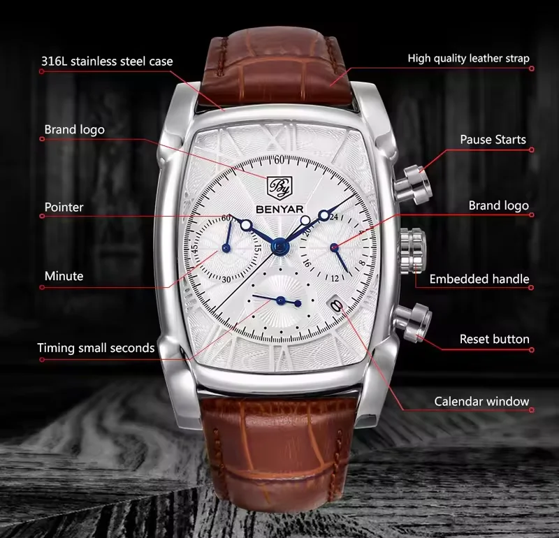BENYAR Luxury True six-pin Quartz Watch Classic Rectangle Case Sports Chronograph Men's Watches Rose Gold erkek kol saati
