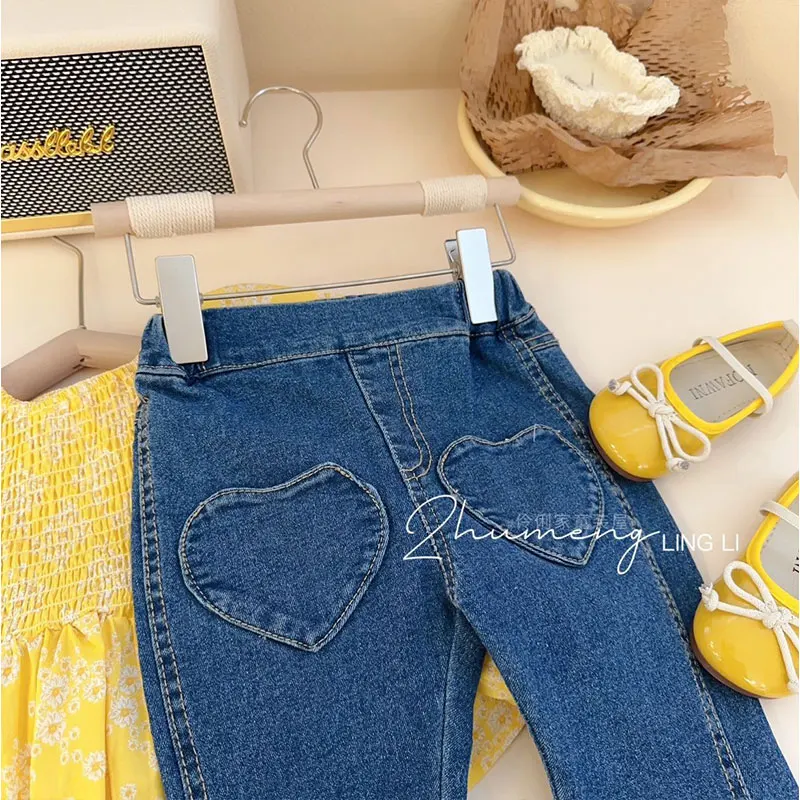 Set per bambini primaverili camicia floreale gialla con maniche a bolle per ragazza Top + Jeans 2 pezzi pantaloni in Denim per bambini