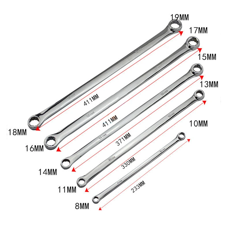 5PC Extra Long Double Ring Box Wrench Long Lifetime Aviation Spanner CRV 8mm - 19mm Wrenches Tools Sets