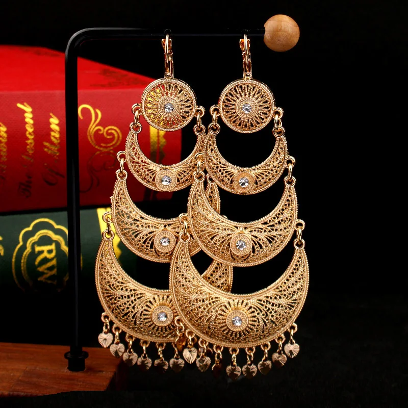 Arabesque Long Dangle Earrings Moon Shape Drop Earring for Women Heart Tassels Vintage Earrings Ethnic Tribal Antique Jewelry